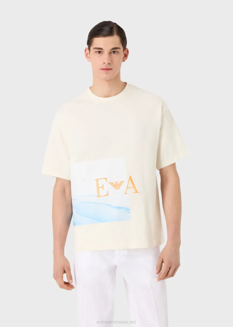 bărbați R802G1700 tricou din jerseu greu cu imprimeu de plajă și broderie ea Armani alb