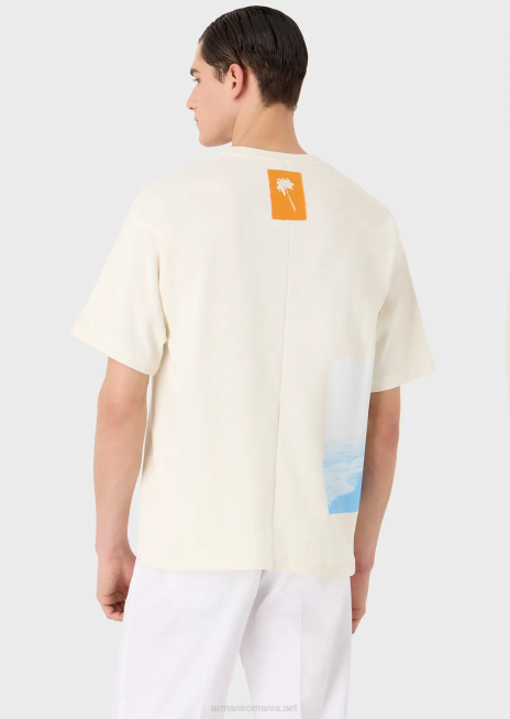 bărbați R802G1700 tricou din jerseu greu cu imprimeu de plajă și broderie ea Armani alb