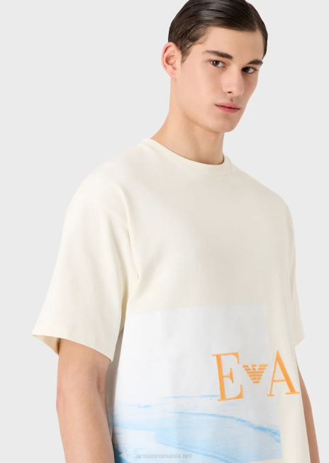 bărbați R802G1700 tricou din jerseu greu cu imprimeu de plajă și broderie ea Armani alb