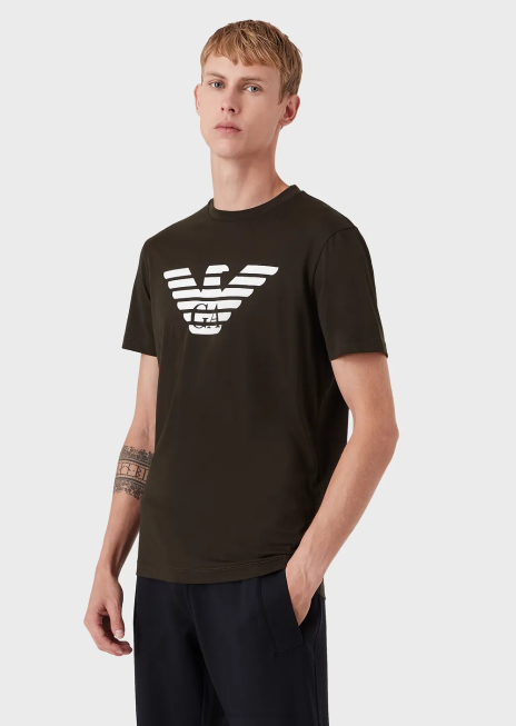 bărbați R802G1702 tricou din jerseu pima cu imprimeu logo Armani verde