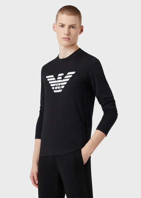 bărbați R802G1724 pulover din jerseu pima cu logo Armani albastru marin