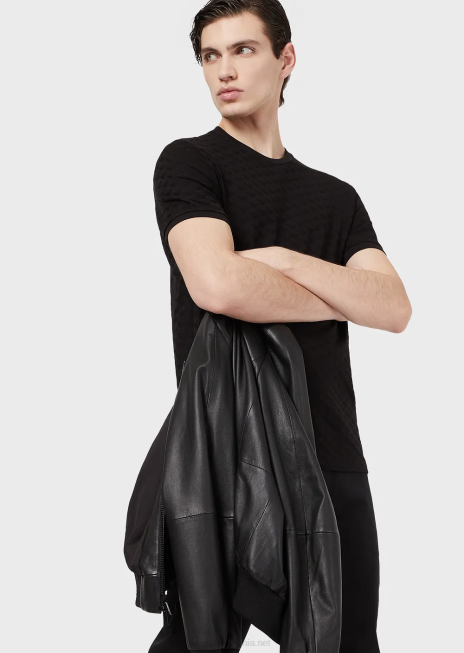 bărbați R802G1741 tricou din jerseu mercersied cu vultur jacquard peste tot Armani negru