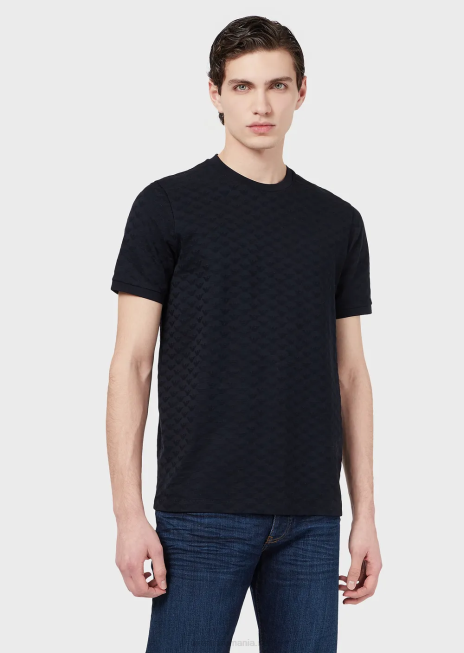bărbați R802G1742 tricou din jerseu mercersied cu vultur jacquard peste tot Armani albastru marin