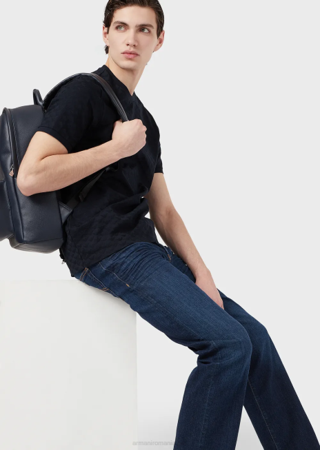 bărbați R802G1742 tricou din jerseu mercersied cu vultur jacquard peste tot Armani albastru marin