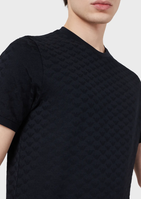 bărbați R802G1742 tricou din jerseu mercersied cu vultur jacquard peste tot Armani albastru marin