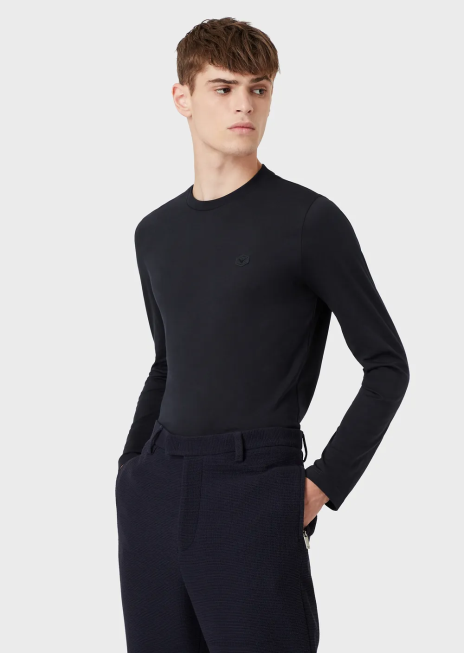 bărbați R802G1749 Pulover din jerse supima elastic cu plasture cu micro logo Armani albastru marin