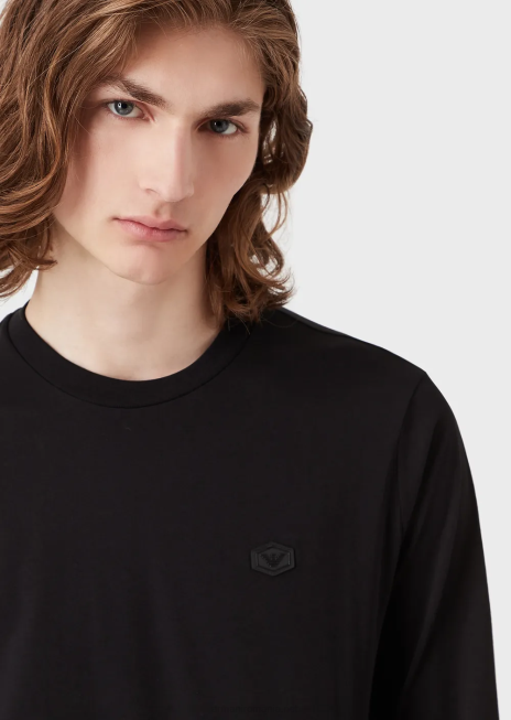 bărbați R802G1750 Pulover din jerse supima elastic cu plasture cu micro logo Armani negru