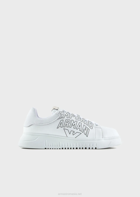 bărbați R802G1868 adidași din piele moale cu logo îndrăzneț Armani alb