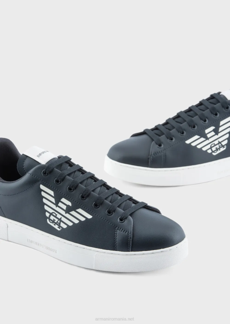 bărbați R802G1878 adidași din piele strălucitoare cu logo-ul vultur supradimensionat Armani albastru marin