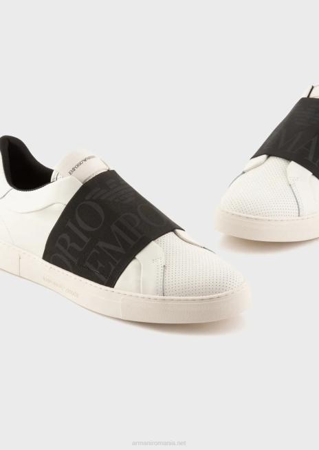 bărbați R802G1880 adidași din piele cu bandă elastică cu logo Armani bianco e nero