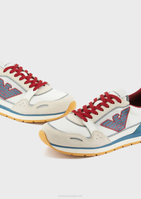 bărbați R802G1885 adidasi din plasă cu detalii din piele intoarsa si plasture vultur Armani alb