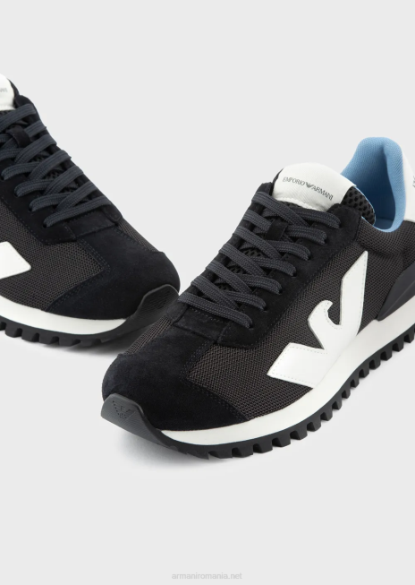 bărbați R802G1890 adidasi din piele intoarsa si plasa cu vultur supradimensionat Armani albastru marin
