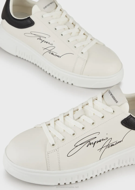 bărbați R802G1908 adidași din piele cu logo-ul semnăturii Armani alb