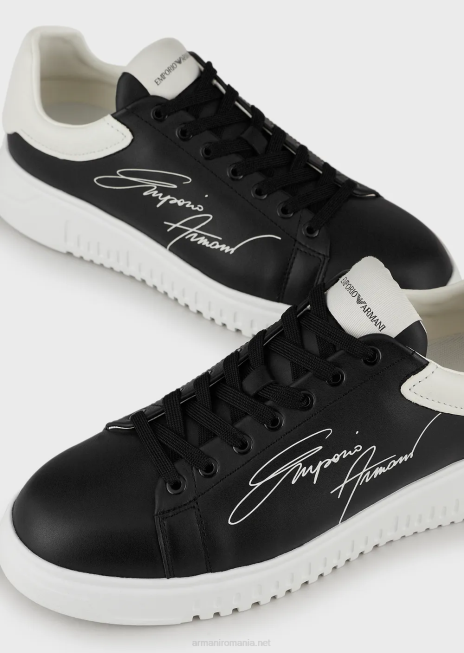 bărbați R802G1909 adidași din piele cu logo-ul semnăturii Armani negru