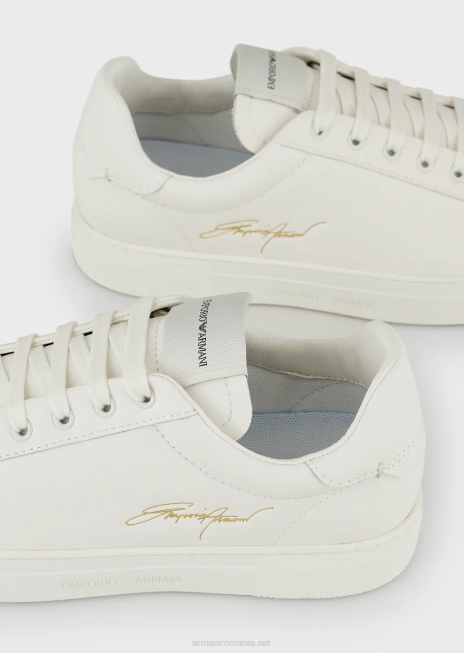 bărbați R802G1922 adidași din piele cu logo-ul semnăturii aurii Armani alb
