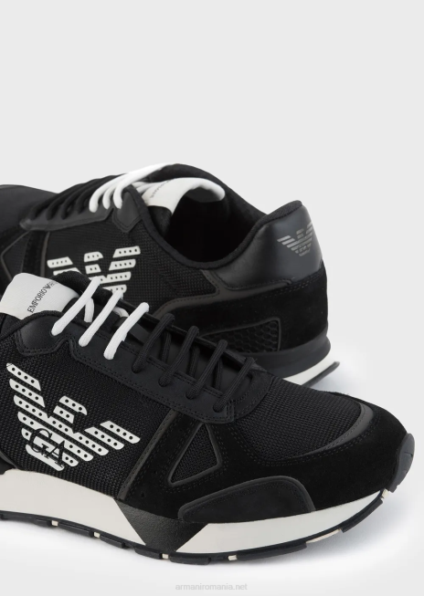 bărbați R802G1926 adidasi din piele intoarsa cu insertii plasa-nubuc si vultur lateral Armani logo negru