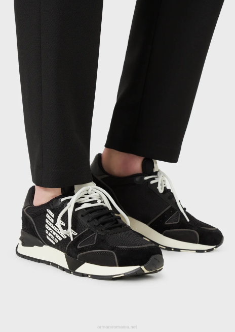 bărbați R802G1926 adidasi din piele intoarsa cu insertii plasa-nubuc si vultur lateral Armani logo negru