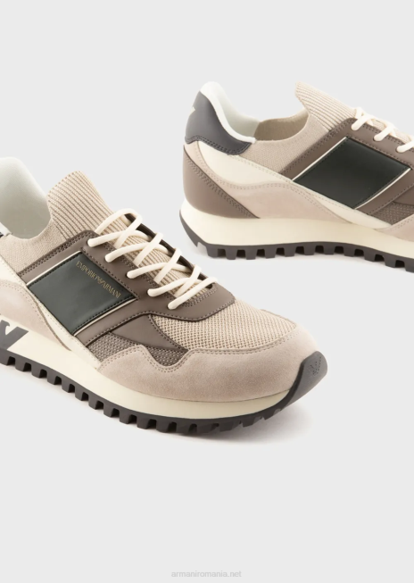 bărbați R802G1939 adidasi din piele intoarsa si plasa Armani bej