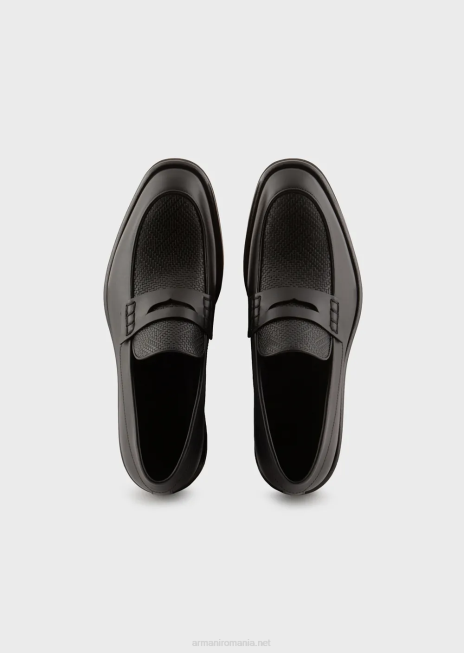 bărbați R802G1847 mocasini din piele cu detaliu imprimeu tesut Armani negru