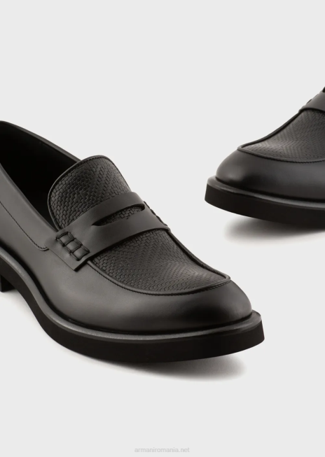 bărbați R802G1847 mocasini din piele cu detaliu imprimeu tesut Armani negru