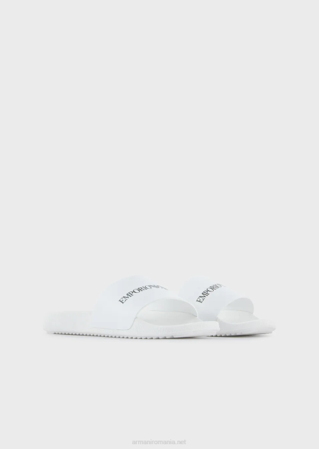 bărbați R802G1007 glisoare din piele ciocanita cu logo Armani alb