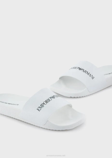 bărbați R802G1007 glisoare din piele ciocanita cu logo Armani alb