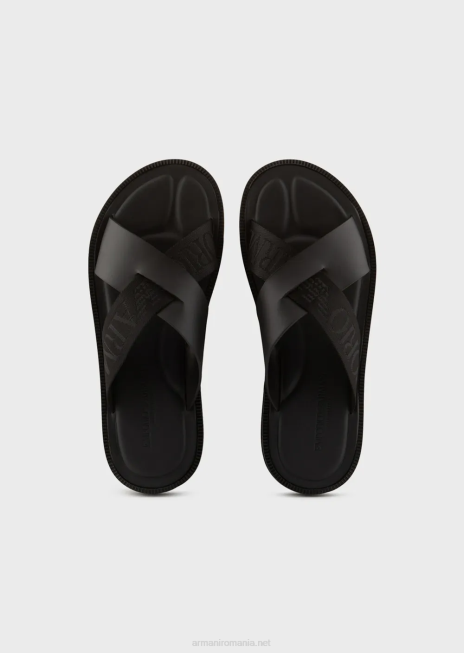 bărbați R802G1854 sandale încrucișate din piele cu bandă cu logo Armani negru