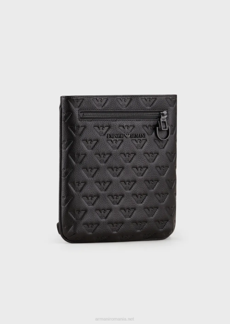 bărbați R802G1976 geantă de umăr plată din piele cu vultur în relief Armani negru