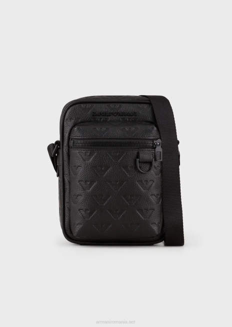 bărbați R802G1977 geantă crossbody din piele cu vultur în relief Armani negru
