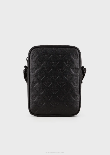 bărbați R802G1977 geantă crossbody din piele cu vultur în relief Armani negru