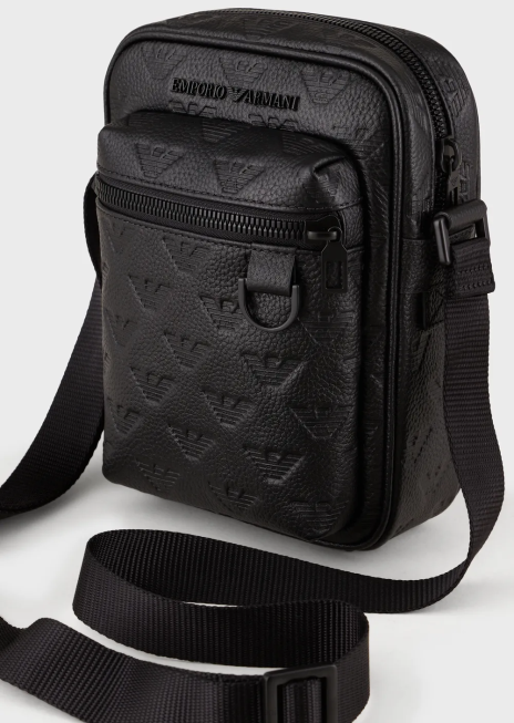 bărbați R802G1977 geantă crossbody din piele cu vultur în relief Armani negru