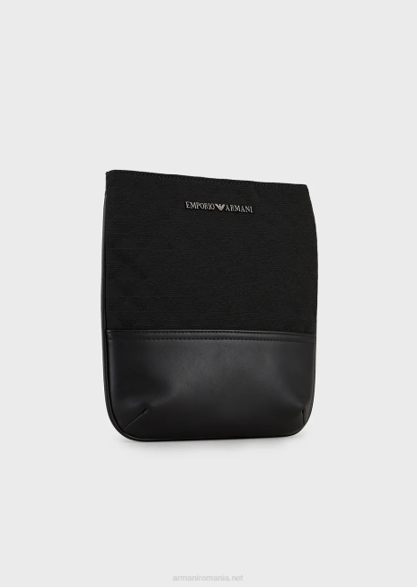 bărbați R802G1980 geantă de umăr plată din nailon cu vultur jacquard Armani negru