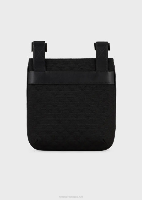 bărbați R802G1980 geantă de umăr plată din nailon cu vultur jacquard Armani negru