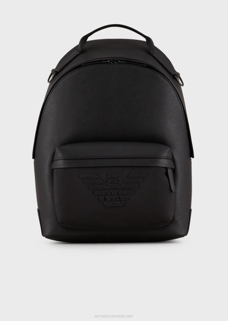 bărbați R802G1949 Rucsac rotund din piele regenerată cu imprimeu saffiano Armani negru