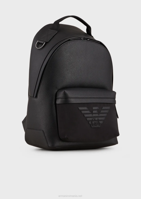 bărbați R802G1949 Rucsac rotund din piele regenerată cu imprimeu saffiano Armani negru