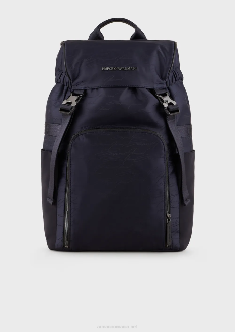 bărbați R802G1960 Rucsac din nailon jacquard cu logo-ul semnăturii Armani albastru marin