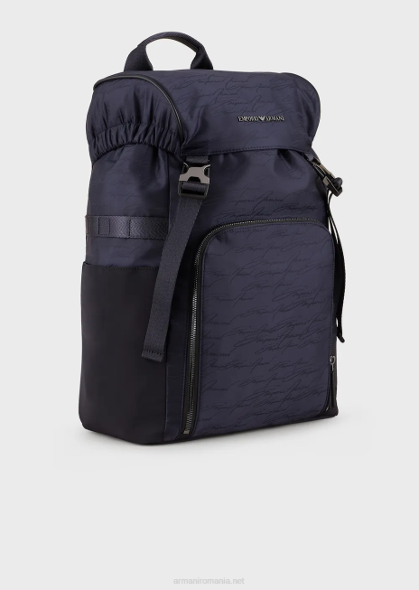 bărbați R802G1960 Rucsac din nailon jacquard cu logo-ul semnăturii Armani albastru marin