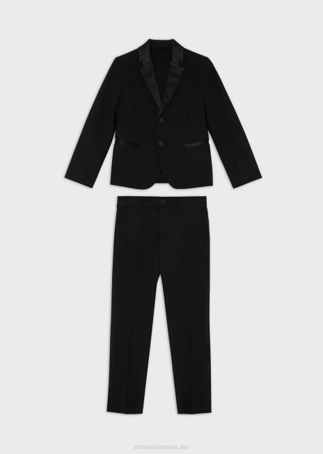 băiat R802G2395 Costum smoking pe un singur piept din lână lejeră cu detalii din satin Armani negru