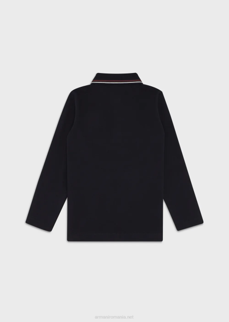 băiat R802G2403 Tricou polo cu mâneci lungi din piqué stretch, cu bordură în dungi Armani albastru marin