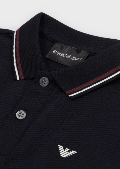 băiat R802G2403 Tricou polo cu mâneci lungi din piqué stretch, cu bordură în dungi Armani albastru marin