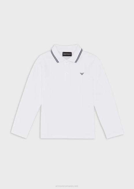 băiat R802G2404 Tricou polo cu mâneci lungi din piqué stretch, cu bordură în dungi Armani alb