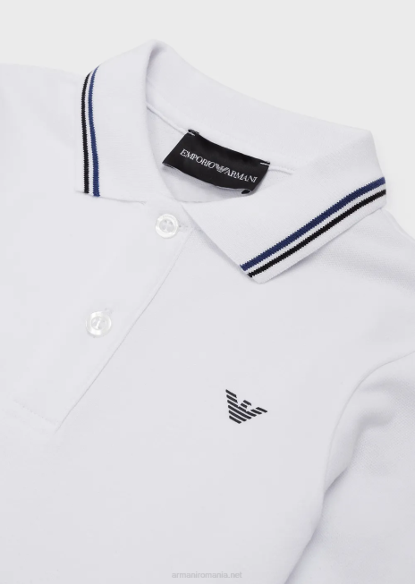 băiat R802G2404 Tricou polo cu mâneci lungi din piqué stretch, cu bordură în dungi Armani alb