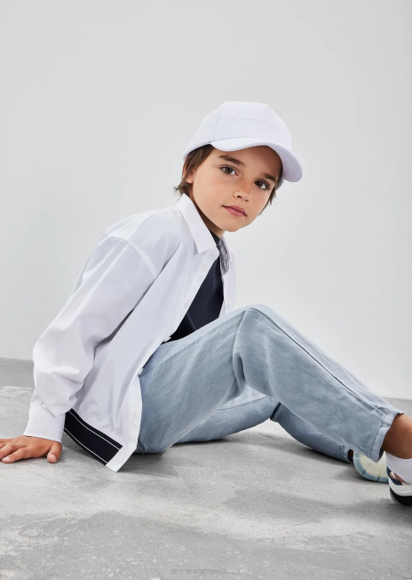 băiat R802G2417 tricou din jerseu din amestec tencel, cu dungi cu logo Armani albastru marin