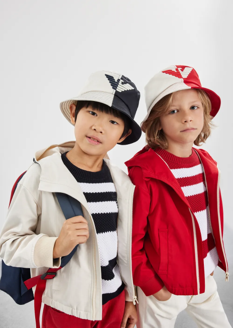 băiat R802G2424 pulover cu dungi jacquard și broderie vultur Armani albastru marin