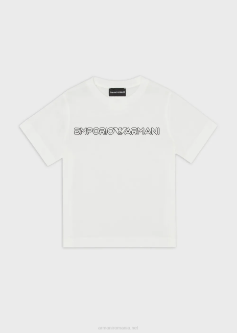 băiat R802G2452 tricou din jerseu din amestec tencel cu broderie logo Armani alb