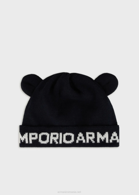 băiat R802G2733 boneta din tricot cu urechi si sigla jacquard Armani