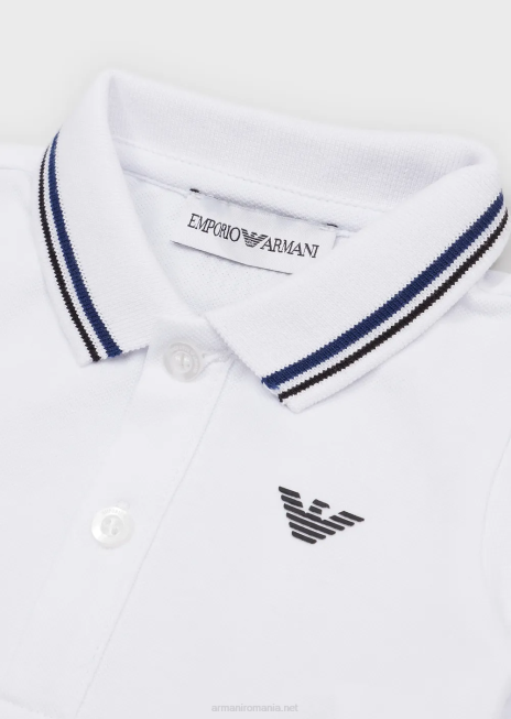 băiat R802G2679 tricou polo din piqué elastic cu bordură în dungi Armani alb