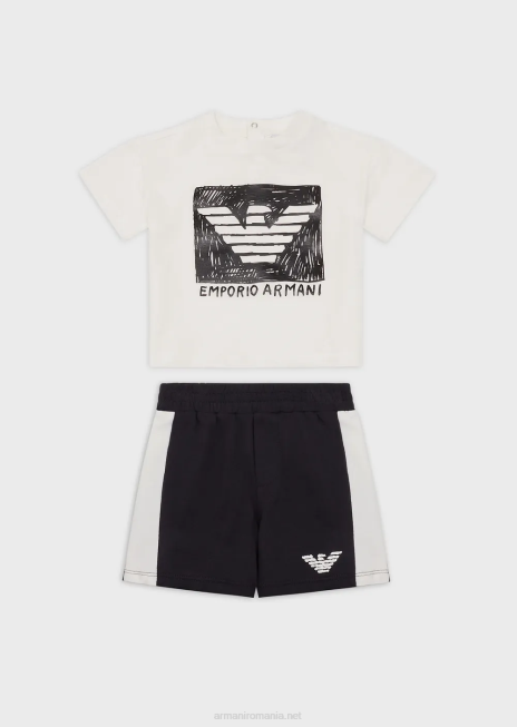 băiat R802G2697 Set de tricou și pantaloni scurți din jerseu organic cu vultur supradimensionat Armani alb