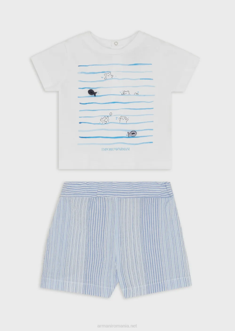 băiat R802G2698 set cadou de tricou și pantaloni scurți cu imprimeu în dungi pe litoral Armani azur