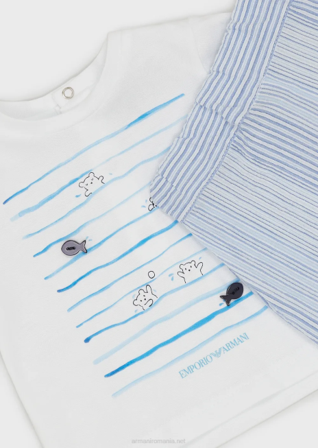 băiat R802G2698 set cadou de tricou și pantaloni scurți cu imprimeu în dungi pe litoral Armani azur